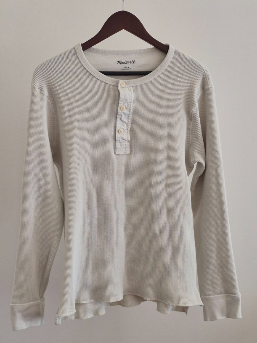 Madewell Thermal Henley Tee Men’s L Ivory Waffle Knit 100% Cotton Long Sleeve